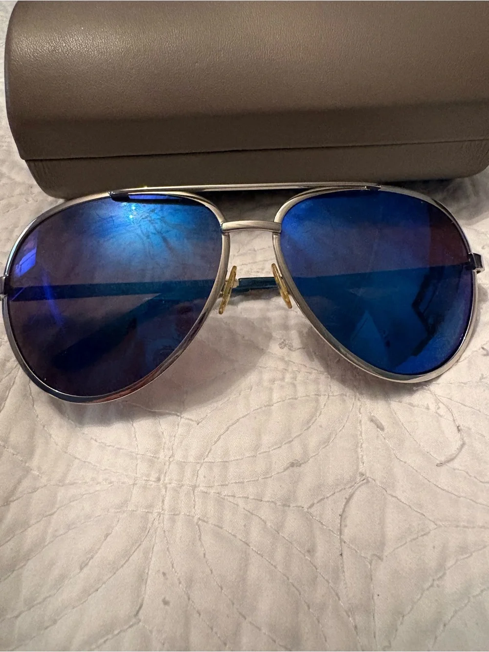 BCBG MaxAzria Aviator Sunglasses with Blue Mirrored Lenses and Hard Case